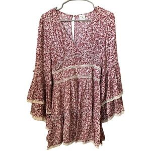 BE TOGETHER Women’s Burgundy w/ Cream  Floral Print Fit & Flare Rayon Mini Dress